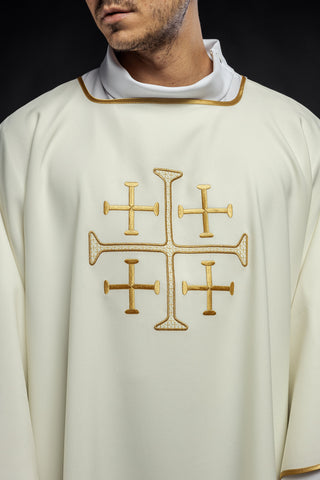 Green dalmatic with embroidered gold crosses and gold satin trim