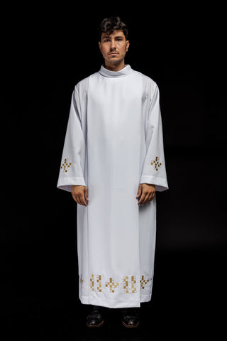 Ecru priest's alb with mosaic cross embroidery and a turtleneck collar