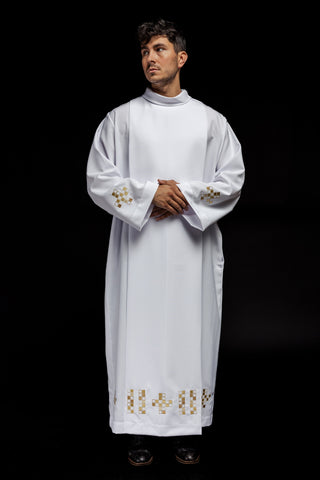 Ecru priest's alb with mosaic cross embroidery and a turtleneck collar