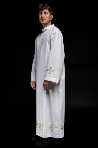 Ecru priest's alb with mosaic cross embroidery and a turtleneck collar