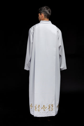 Ecru priest's alb with mosaic cross embroidery and a turtleneck collar