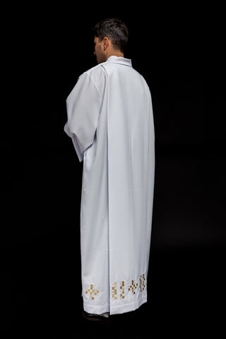 Ecru priest's alb with mosaic cross embroidery and a turtleneck collar