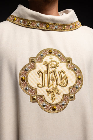 Ecru liturgical chasuble with IHS embroidery and trim