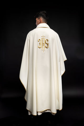 Ecru liturgical chasuble with IHS embroidery and gold trim