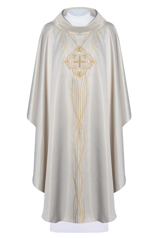 Shiny fabric chasuble inspired by rosary in ecru color - LITURGICAL SHOP