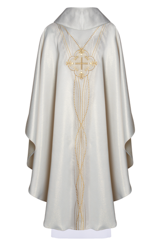 Shiny fabric chasuble inspired by rosary in ecru color - LITURGICAL SHOP