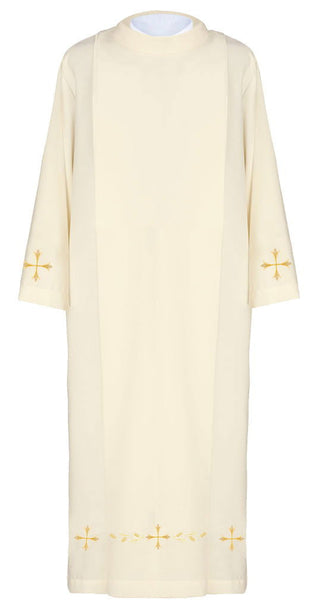 Smooth priest's robe with turtleneck and cross embroidery ecru - LITURGICAL SHOP