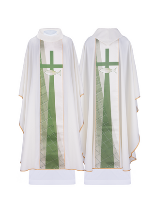 White chasuble embroidered with cross and fish pattern - LITURGICAL SHOP