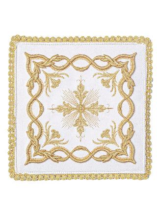 A complete set of ecru chalice linens with embroidery and gold cross embellishments