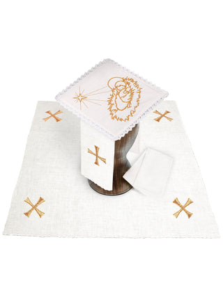 A complete set of chalice linens for Christmas with Eucharistic embroidery