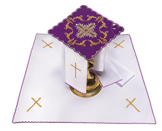 Chalice linens embroidered in purple with a cross motif - 4-piece set