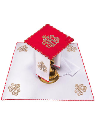 A complete set of chalice linens with IHS embroidery in red