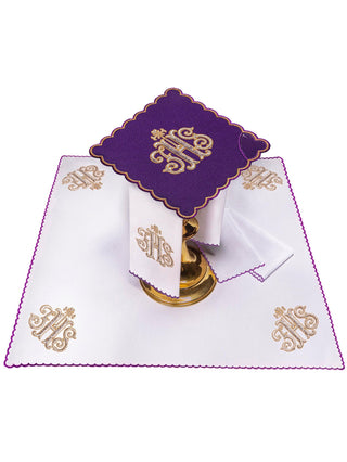 Set of chalice linens embroidered with IHS, purple