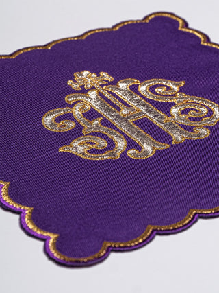 Set of chalice linens embroidered with IHS, purple