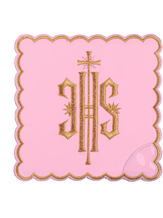 A complete set of chalice linens with IHS embroidery in pink