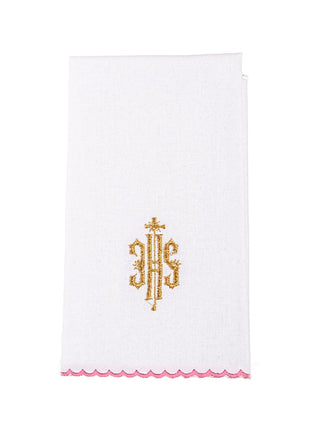 A complete set of chalice linens with IHS embroidery in pink