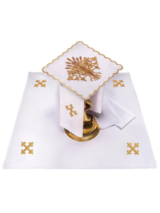 A complete set of chalice linens embroidered with IHS and ears of wheat