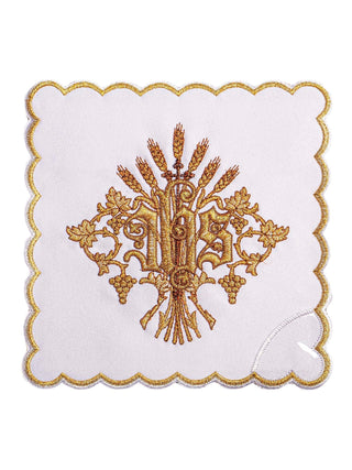 A complete set of chalice linens embroidered with IHS and ears of wheat