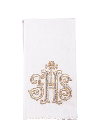 A complete set of chalice linens embroidered with IHS and an ecru pall