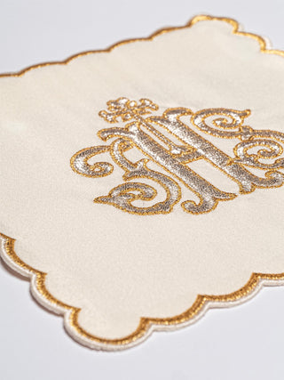 A complete set of chalice linens embroidered with IHS and an ecru pall