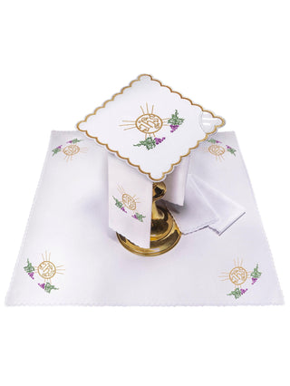 A complete set of chalice linens embroidered with IHS and grapes