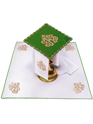 A complete set of chalice linens with a green pall and gold IHS embroidery