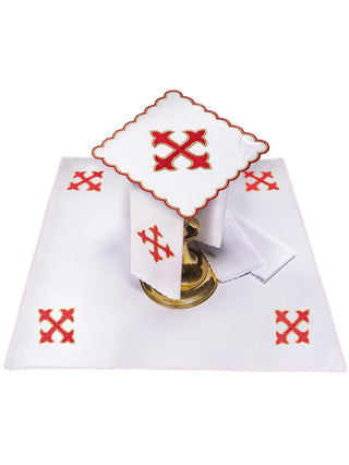 A complete set of chalice linens embroidered with the motif of the Red Cross