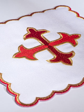 A complete set of chalice linens embroidered with the motif of the Red Cross