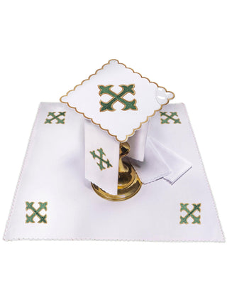 Set of chalice linens embroidered with a Green Cross made from high-quality fabrics