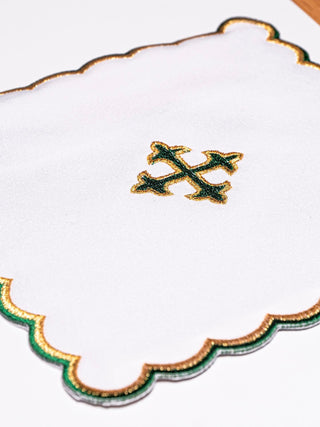 A complete set of chalice linens with green cross embroidery