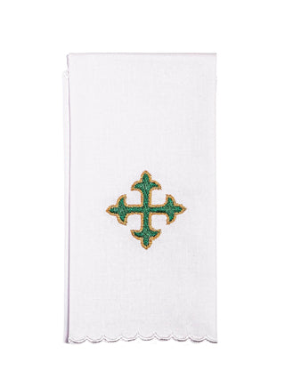 A complete set of chalice linens with green cross embroidery