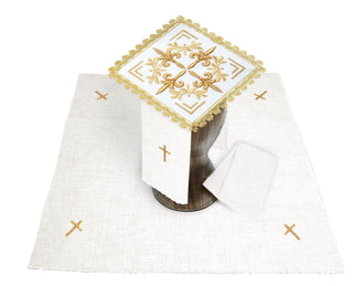 Chalice set made of linen with embroidered golden crosses in an elegant packaging