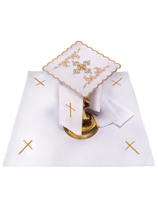 Chalice set embroidered with gold and silver featuring a cross motif