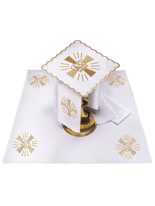 A complete set of chalice linens with Alpha and Omega embroidery and a cross