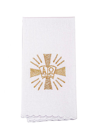 A complete set of chalice linens with Alpha and Omega embroidery and a cross