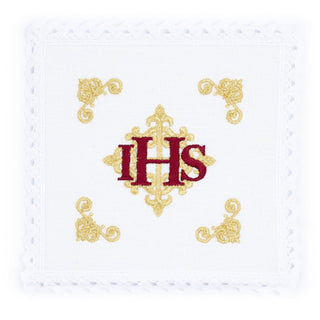 Set of linen chalice linens with red IHS symbol embroidery