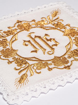 Linen chalice set embroidered with the Eucharistic motif of IHS and ears of wheat