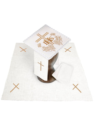 Set of linen chalice linens with Eucharistic embroidery IHS and cross