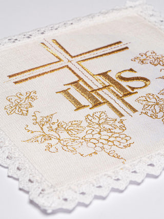 Set of linen chalice linens with Eucharistic embroidery IHS and cross