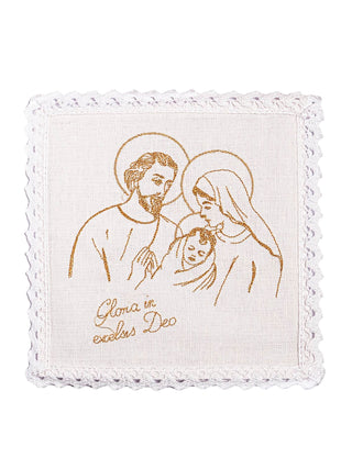 Linen chalice set embroidered for Christmas with the motif of the Holy Family and crosses