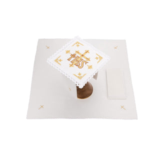 Set of linen chalice linens embroidered with the IHS motif and Cross