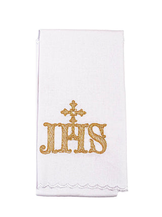 A complete set of linen chalice linens embroidered with a golden IHS symbol