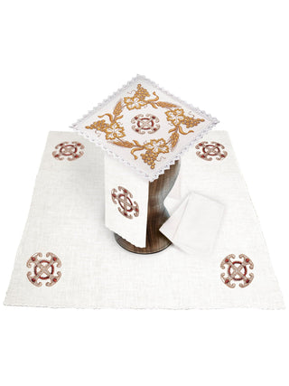 A complete set of chalice linens with rich gold Eucharistic embroidery