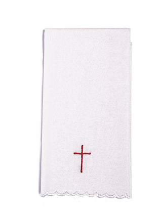 A complete set of chalice linens with red embroidery and a cross motif