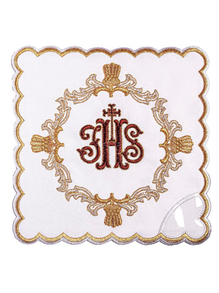 A complete set of chalice linens with red IHS embroidery