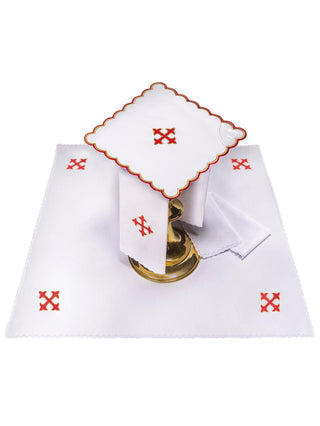 A complete set of chalice linens with red eucharistic embroidery