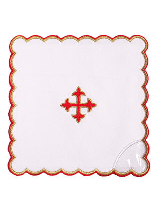 A complete set of chalice linens with red eucharistic embroidery