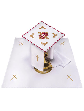 A complete set of chalice linens with red eucharistic embroidery