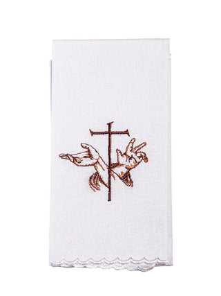 A complete set of chalice linens with a Franciscan symbol and Eucharistic embroidery