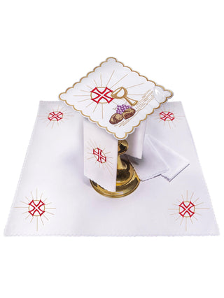 A complete set of chalice linens with Eucharistic embroidery and grape motif